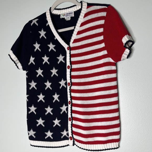 Vintage 4th of July short sleeve button up American Flag sweater size small - Picture 6 of 11